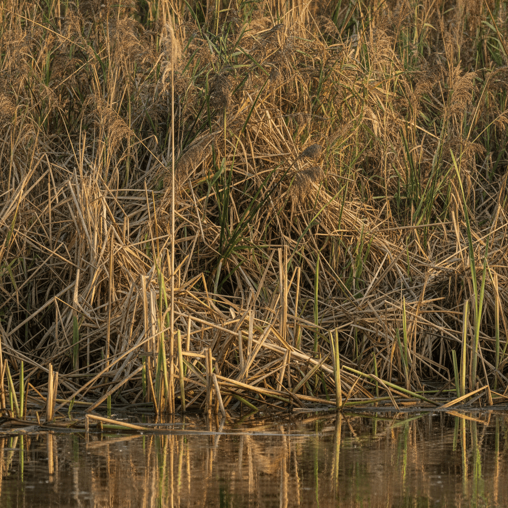 Fitta vegetazione di canneti, giunchi e piante acquatiche in una zona umida, luogo ideale per il Tarabusino.