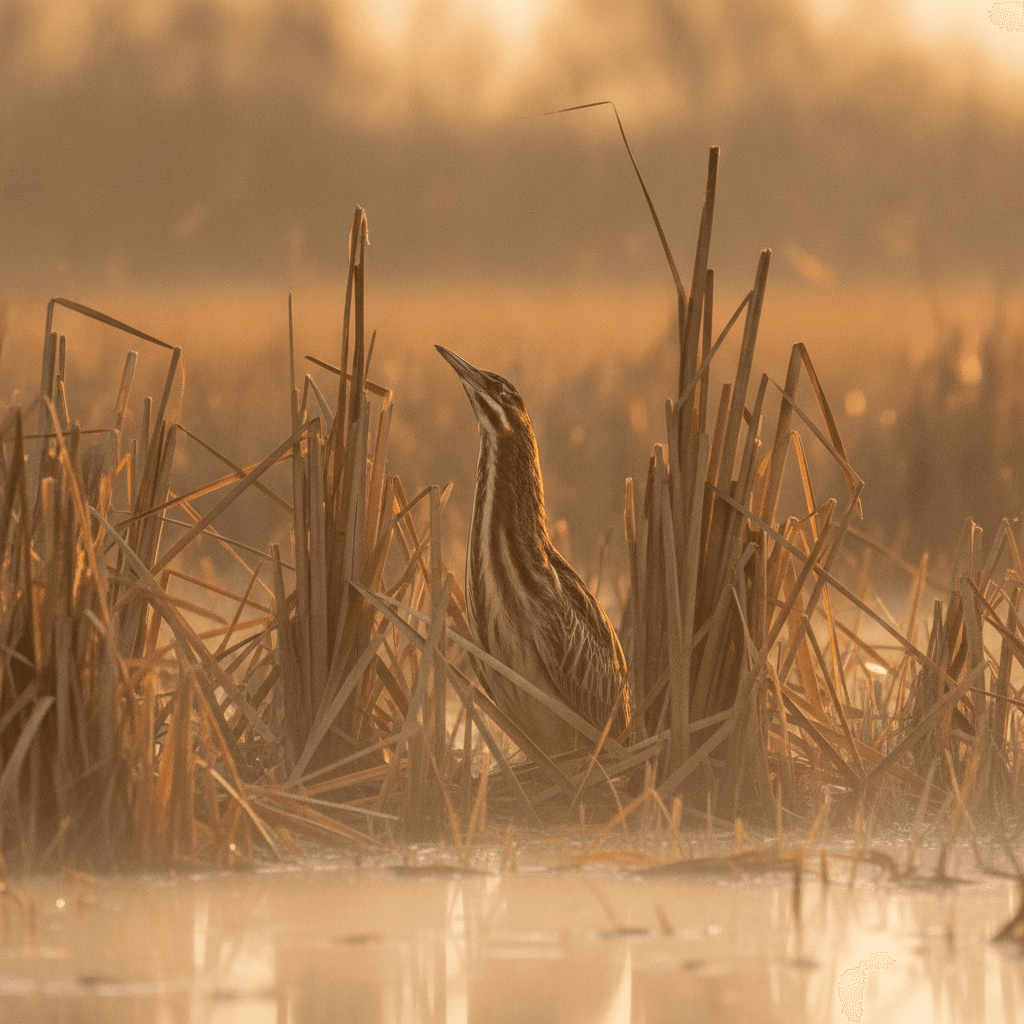 Un Tarabuso (Botaurus stellaris) mimetizzato tra le fitte canne di una zona umida europea all'alba, il piumaggio si fonde con la vegetazione secca.