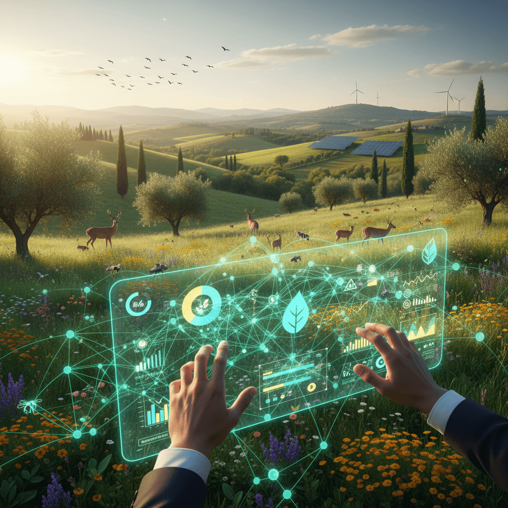 Rappresentazione stilizzata della Tassonomia UE per le attività sostenibili. Una rete di linee verdi e punti dati si sovrappone a un paesaggio naturale con flora e fauna diverse. Mani interagiscono con un'interfaccia olografica che mostra metriche di biodiversità e indicatori finanziari. Sullo sfondo, un ecosistema sano con uccelli, insetti e vegetazione varia.