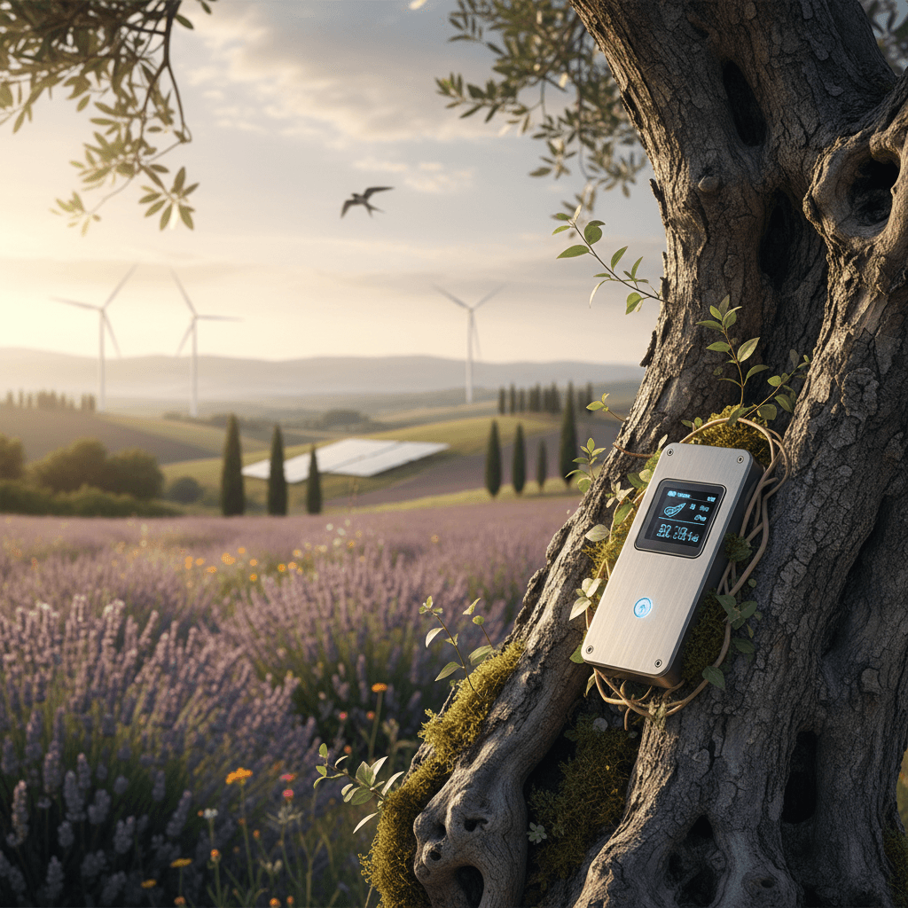 Un sensore digitale mimetizzato in un ambiente naturale, con indicatori di raccolta dati. Sullo sfondo sfocato, vegetazione e la sagoma di un uccello.