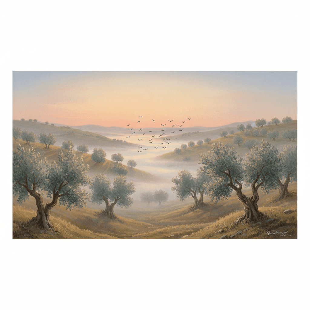 Paesaggio rurale italiano all'alba, con una valle nebbiosa, ulivi secolari e sagome di uccelli in volo contro un cielo dai colori tenui, che evoca un'atmosfera serena e ricca di suoni naturali.