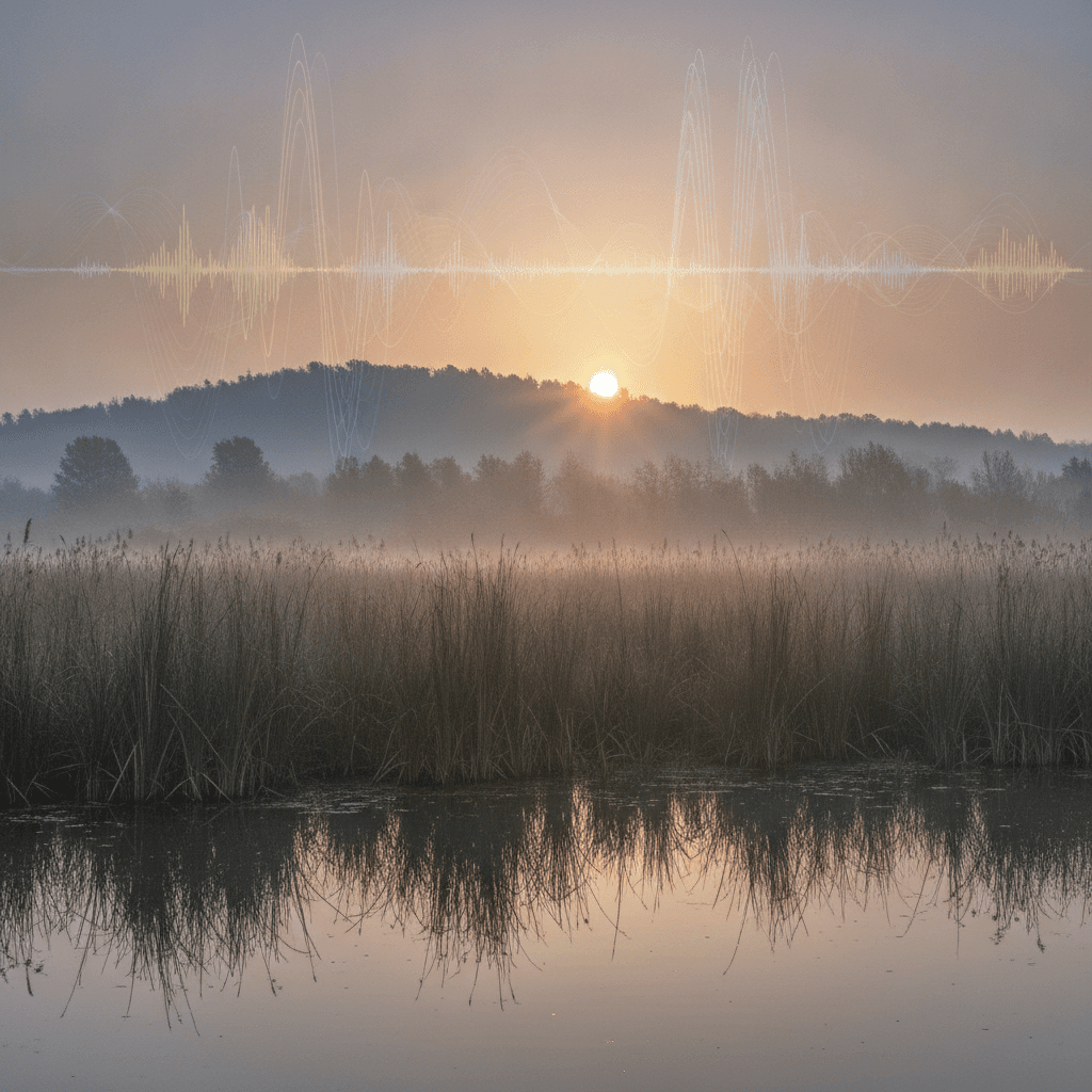 Paesaggio palustre all'alba in campagna italiana, con canne e luce soffusa, evocando un ambiente ricco di avifauna e la presenza di monitoraggio acustico.