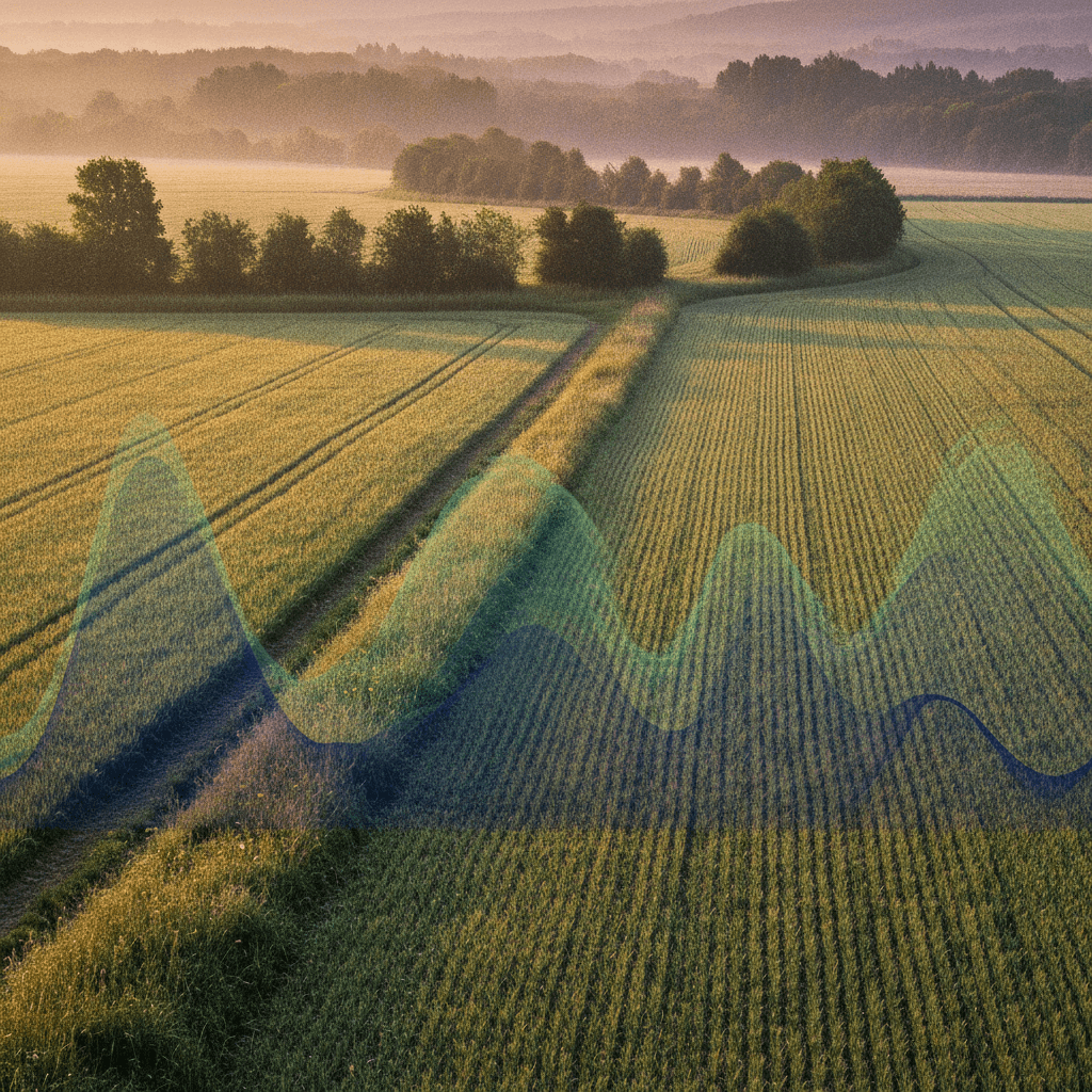 Ampio campo agricolo all'alba in Italia, con margini erbosi e una siepe sullo sfondo, habitat potenziale per uccelli che nidificano a terra.