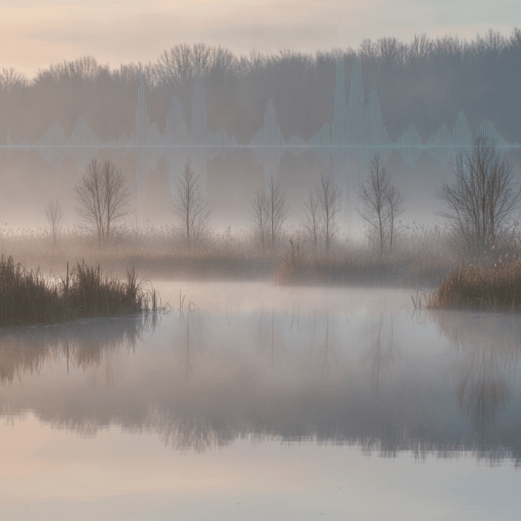 Scena di una zona umida serena in Italia, con acqua calma che riflette canne e alberi, avvolta in una leggera nebbia mattutina.