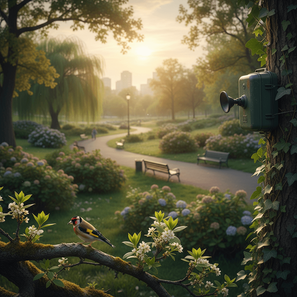 Un ampio parco urbano all'alba, con una ricca vegetazione. Un piccolo uccello è posato su un ramo in primo piano, simbolo della biodiversità nascosta in città.