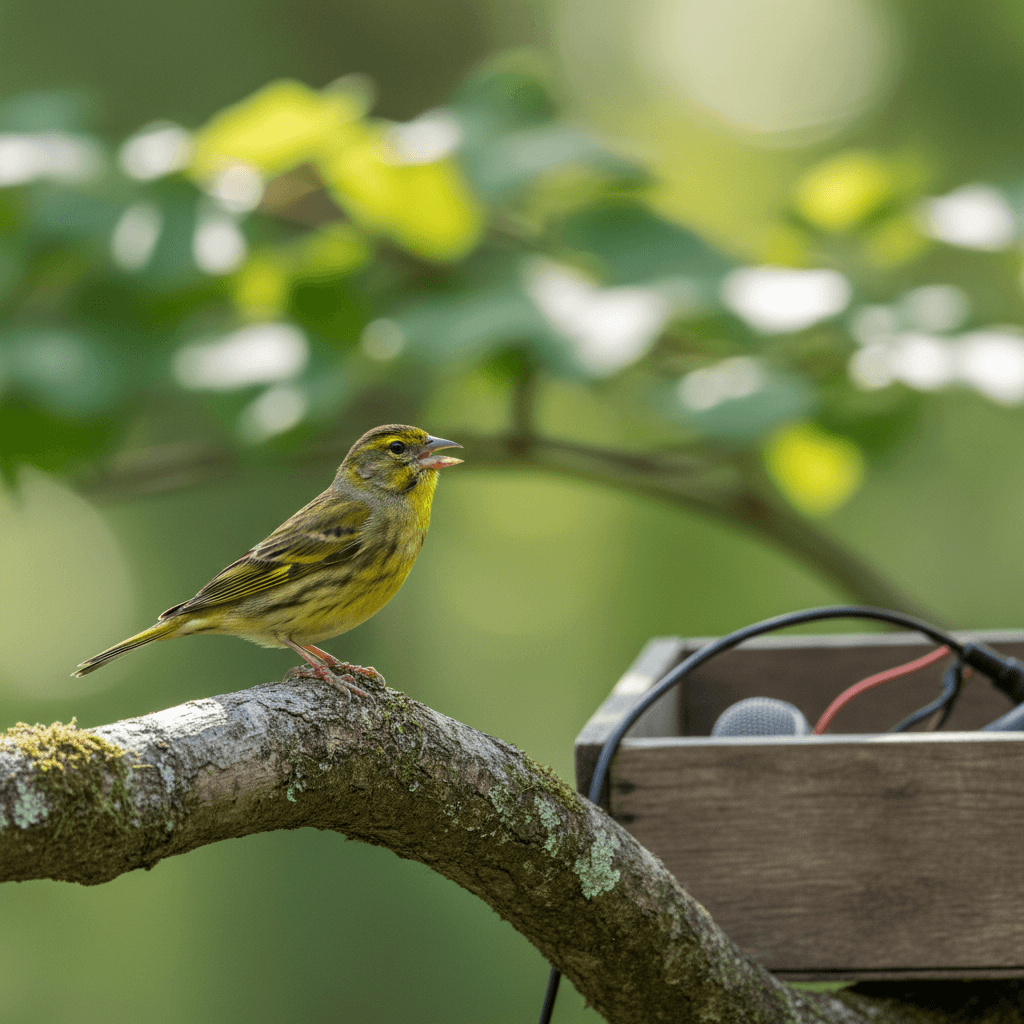 Un Voltolino (Serinus serinus) posato su un ramo in un parco urbano, con fogliame verde sfocato sullo sfondo.