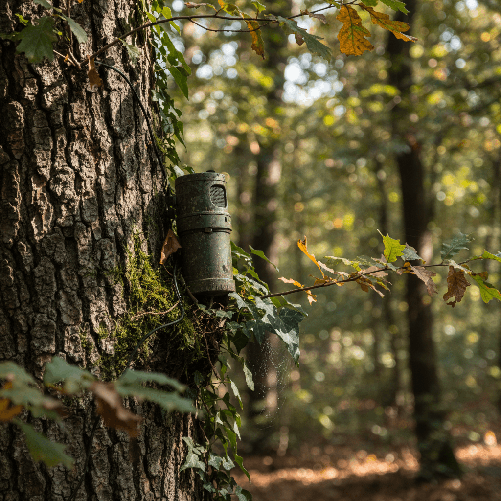 Un sensore acustico installato discretamente su un tronco d'albero in un ambiente naturale, con foglie illuminate dal sole.