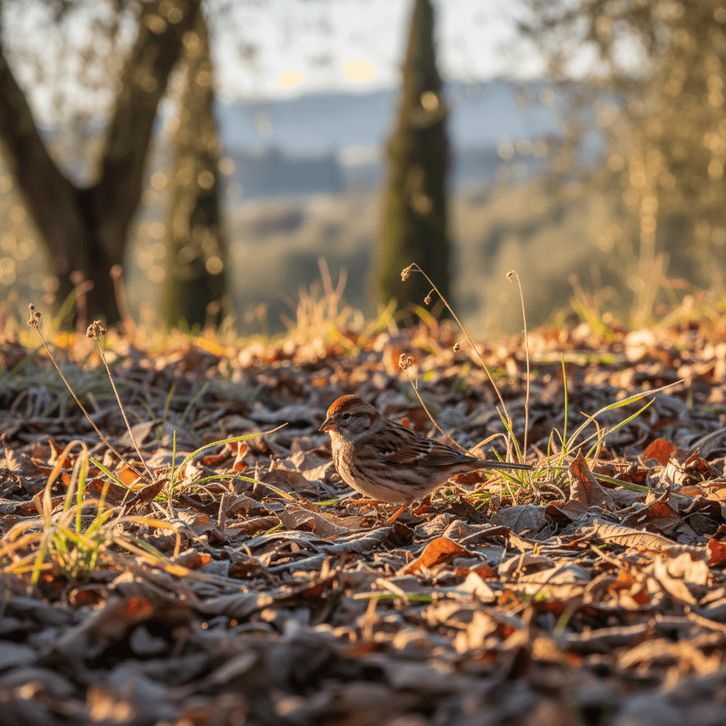 Uno Zigolo minore cerca cibo tra le foglie secche sul terreno in un ambiente rurale italiano durante l'autunno inoltrato.