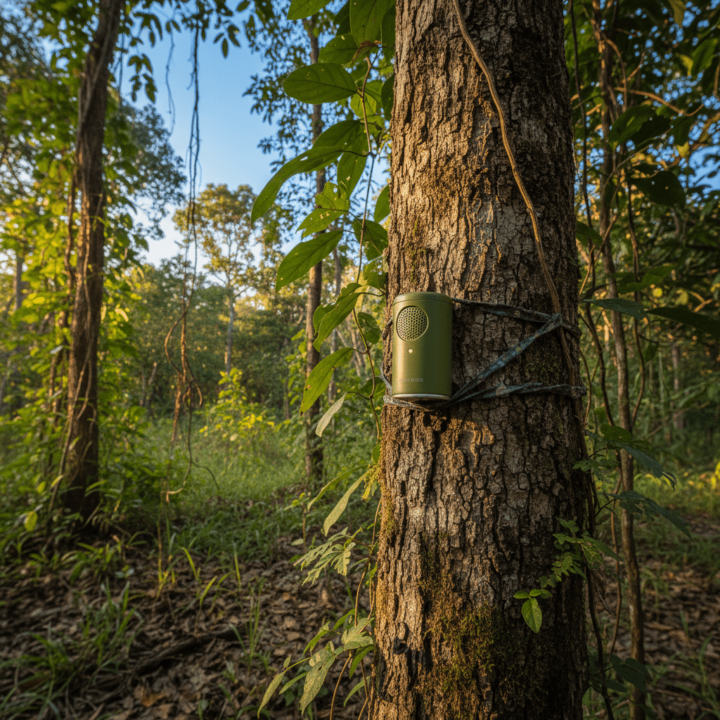 Un sensore acustico Ecocanto installato discretamente su un tronco d'albero in un parco, immerso nella vegetazione.